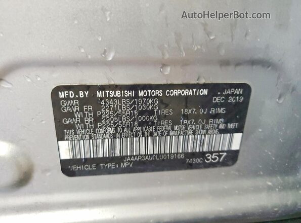 JA4AR3AU0LU019166 2020 MITSUBISHI OUTLANDER Silver VIN sticker view