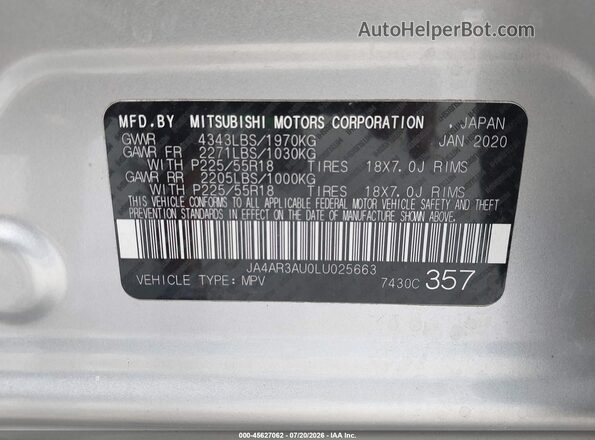 JA4AR3AU0LU025663 2020 MITSUBISHI OUTLANDER SPORT Silver Вид підкапотного простору