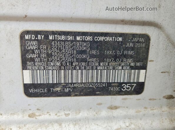 JA4AR3AU2GZ055241 2016 MITSUBISHI OUTLANDER White Widok naklejki z numerem VIN
