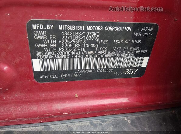 JA4AR3AU3HZ045402 2017 MITSUBISHI OUTLANDER SPORT Red Vista del compartimento del motor