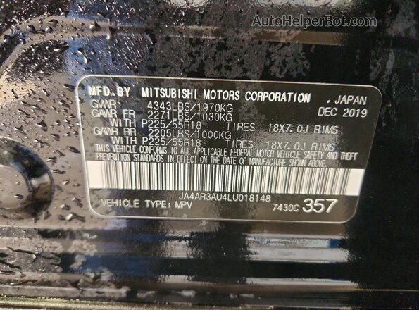 JA4AR3AU4LU018148 2020 MITSUBISHI OUTLANDER Black Vista de la etiqueta del VIN