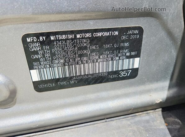 JA4AR3AU4LU018330 2020 MITSUBISHI OUTLANDER Silver VIN კოდის სტიკერის ხედი