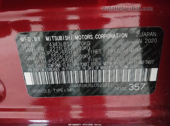 JA4AR3AU6LU023237 2020 MITSUBISHI OUTLANDER SPORT Red Շարժիչի բաժամունքի տեսք