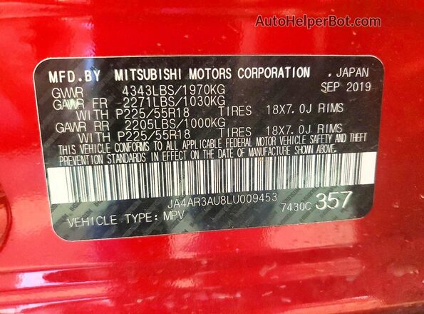 JA4AR3AU8LU009453 2020 MITSUBISHI OUTLANDER Red Vista del compartimento del motor
