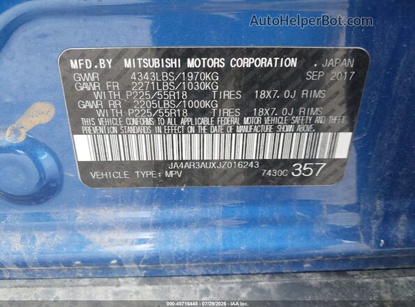 JA4AR3AUXJZ016243 2018 MITSUBISHI OUTLANDER SPORT Синий Вид подкапотного пространства