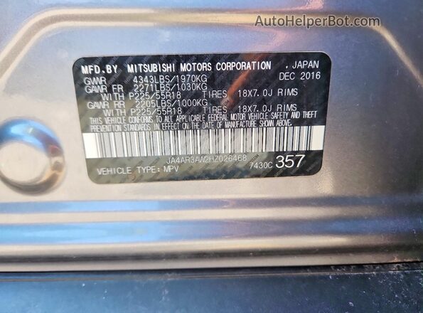 JA4AR3AW2HZ026468 2017 MITSUBISHI OUTLANDER Gray Widok naklejki z numerem VIN