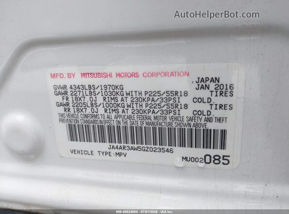 JA4AR3AW5GZ023546 2016 MITSUBISHI OUTLANDER SPORT White Engine compartment view