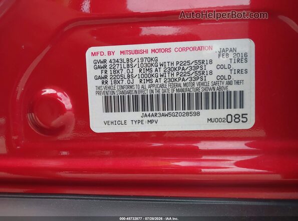 JA4AR3AW5GZ028598 2016 MITSUBISHI OUTLANDER SPORT Красный Вид подкапотного пространства
