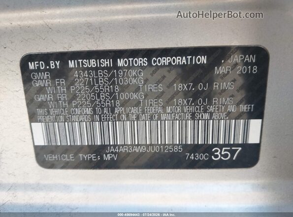 JA4AR3AW9JU012585 2018 MITSUBISHI OUTLANDER SPORT Silver Widok komory silnika