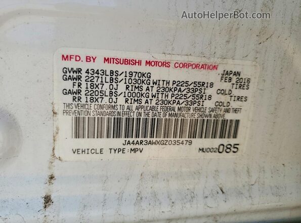 JA4AR3AWXGZ035479 2016 MITSUBISHI OUTLANDER White Սալոնի 360 աստիճան տեսք