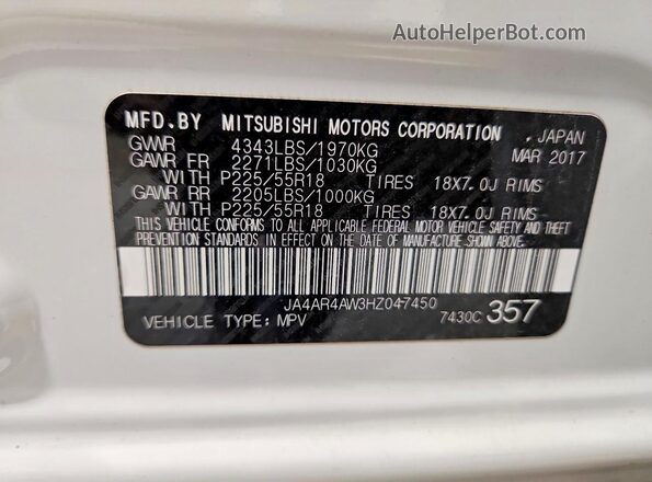 JA4AR4AW3HZ047450 2017 MITSUBISHI OUTLANDER White Vista de la etiqueta del VIN