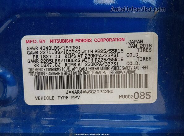 JA4AR4AW6GZ024260 2016 MITSUBISHI OUTLANDER SPORT Blue Widok komory silnika