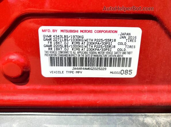 JA4AR4AW6GZ025229 2016 MITSUBISHI OUTLANDER Red Вид наклейки з VIN-кодом