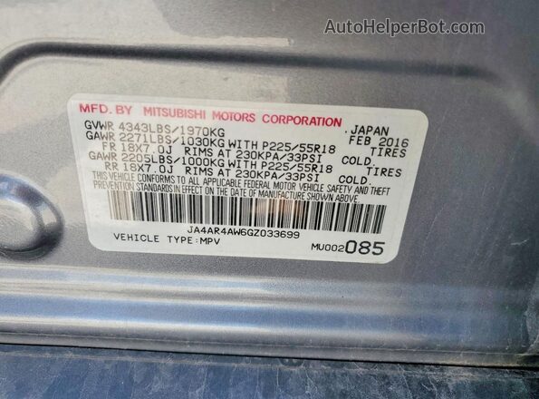 JA4AR4AW6GZ033699 2016 MITSUBISHI OUTLANDER Gray VIN sticker view