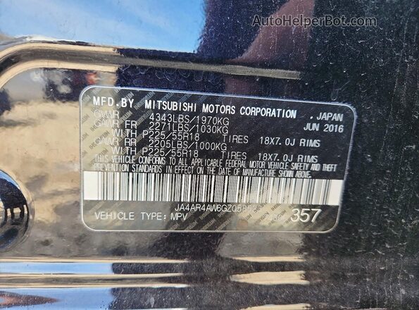 JA4AR4AW6GZ058523 2016 MITSUBISHI OUTLANDER Black Widok naklejki z numerem VIN