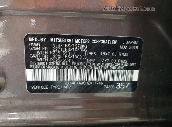 JA4AR4AW6HZ017746 2017 MITSUBISHI OUTLANDER Gray VIN კოდის სტიკერის ხედი