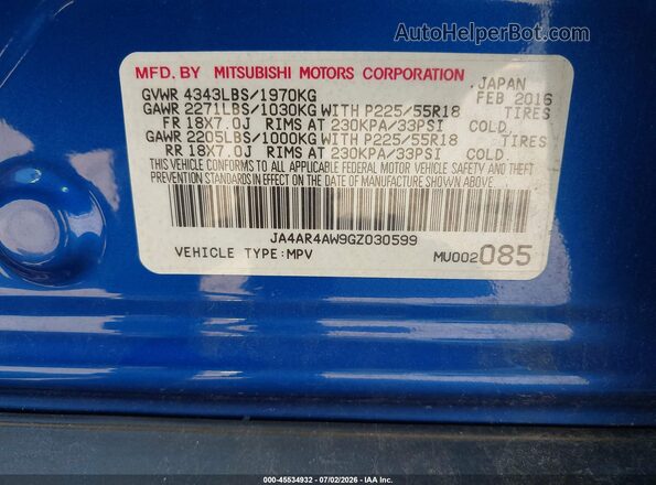 JA4AR4AW9GZ030599 2016 MITSUBISHI OUTLANDER SPORT Blue Vista del compartimento del motor