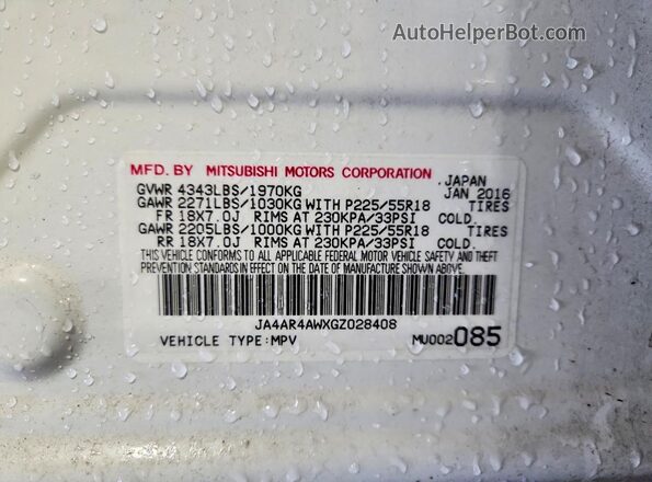 JA4AR4AWXGZ028408 2016 MITSUBISHI OUTLANDER White VIN sticker view