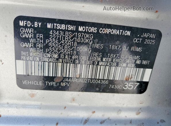 JA4ARUAU2TU004366 2026 MITSUBISHI OUTLANDER Silver VIN sticker view
