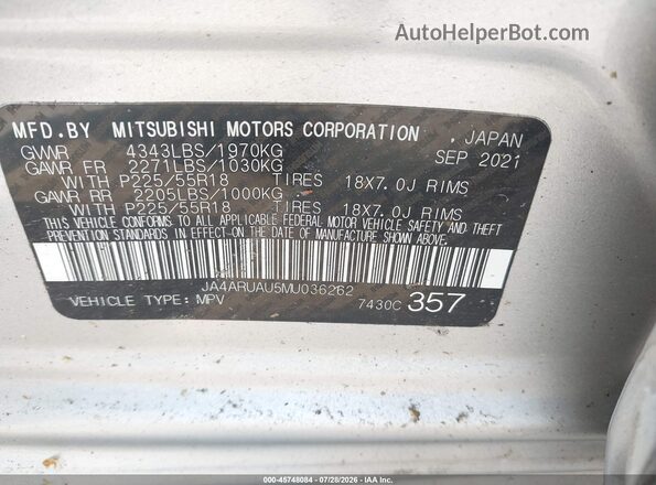 JA4ARUAU5MU036262 2021 MITSUBISHI OUTLANDER SPORT Silver Vista del compartimento del motor
