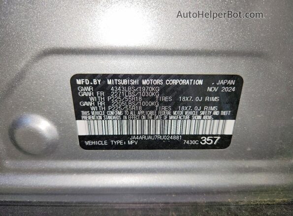 JA4ARUAU7RU024881 2024 MITSUBISHI OUTLANDER Silver Вид наклейки з VIN-кодом