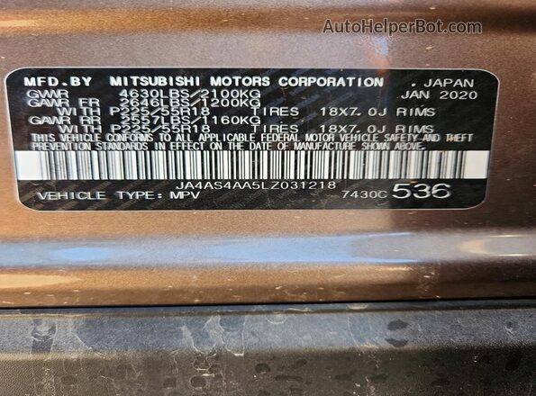 JA4AS4AA5LZ031218 2020 MITSUBISHI ECLIPSE Tan VIN sticker view