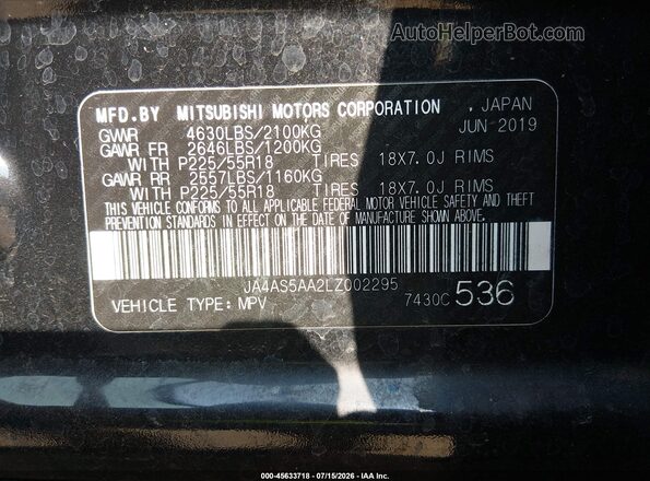JA4AS5AA2LZ002295 2020 MITSUBISHI ECLIPSE CROSS Black Widok komory silnika