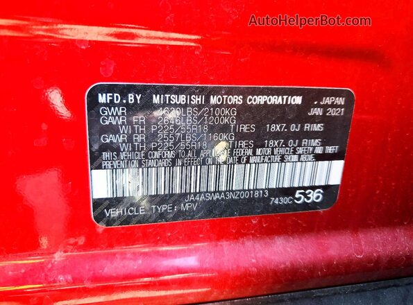 JA4ASWAA3NZ001813 2022 MITSUBISHI ECLIPSE Red Вид наклейки з VIN-кодом