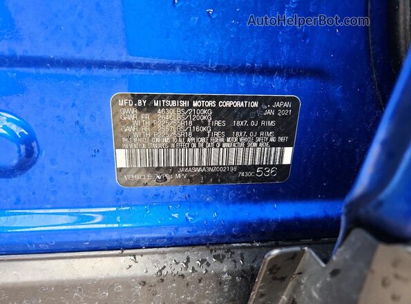 JA4ASWAA3NZ002198 2022 MITSUBISHI ECLIPSE Blue VIN კოდის სტიკერის ხედი