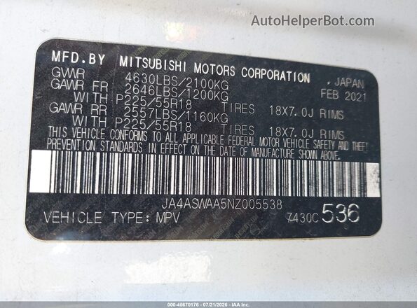 JA4ASWAA5NZ005538 2022 MITSUBISHI ECLIPSE CROSS White Vista del compartimento del motor