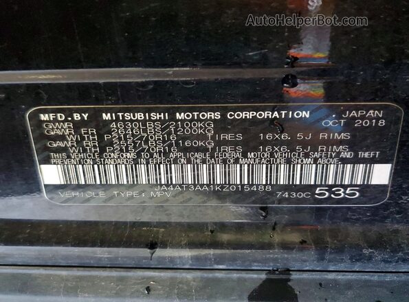 JA4AT3AA1KZ015488 2019 MITSUBISHI ECLIPSE Черный Вид наклейки с VIN-кодом