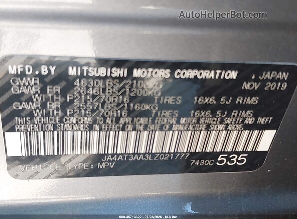 JA4AT3AA3LZ021777 2020 MITSUBISHI ECLIPSE CROSS Gray Widok komory silnika