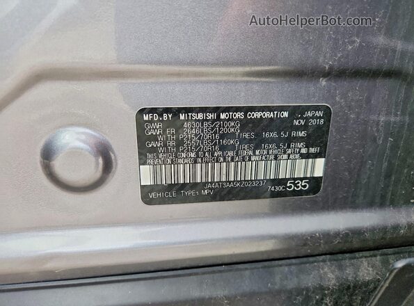 JA4AT3AA5KZ023237 2019 MITSUBISHI ECLIPSE Silver Вид наклейки з VIN-кодом