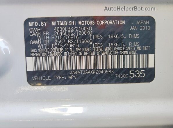 JA4AT3AAXKZ040583 2019 MITSUBISHI ECLIPSE White VIN կոդի պիտակի տեսք