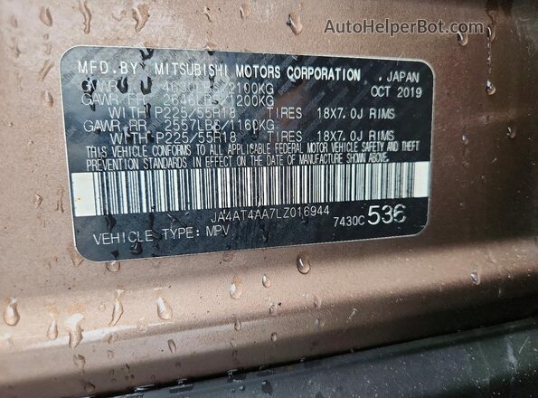 JA4AT4AA7LZ016944 2020 MITSUBISHI ECLIPSE Brown Vista de la etiqueta del VIN