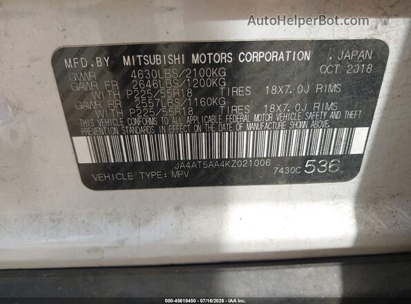 JA4AT5AA4KZ021006 2019 MITSUBISHI ECLIPSE CROSS White Vista del compartimento del motor