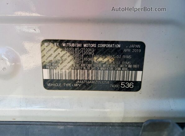 JA4AT5AA4KZ053258 2019 MITSUBISHI ECLIPSE White Vista de la etiqueta del VIN