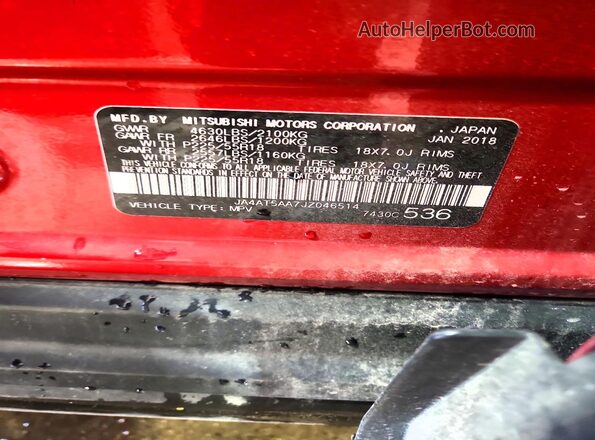 JA4AT5AA7JZ046514 2018 MITSUBISHI ECLIPSE Red Շարժիչի բաժամունքի տեսք