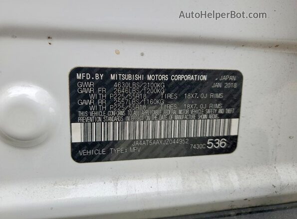 JA4AT5AAXJZ044952 2018 MITSUBISHI ECLIPSE White Widok naklejki z numerem VIN