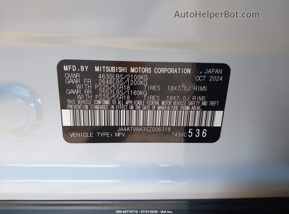 JA4ATVAA3SZ006318 2025 MITSUBISHI ECLIPSE CROSS White Շարժիչի բաժամունքի տեսք