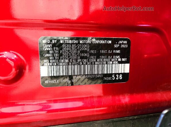 JA4ATVAAXRZ015351 2024 MITSUBISHI ECLIPSE Красный Вид наклейки с VIN-кодом