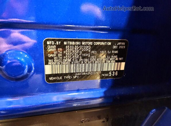 JA4ATWAA2RZ037477 2024 MITSUBISHI ECLIPSE Blue VIN კოდის სტიკერის ხედი