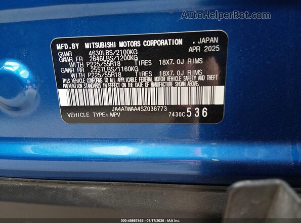 JA4ATWAA4SZ036773 2025 MITSUBISHI ECLIPSE CROSS Blue Engine compartment view