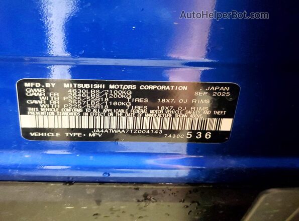 JA4ATWAA7TZ004143 2026 MITSUBISHI ECLIPSE Blue VIN sticker view
