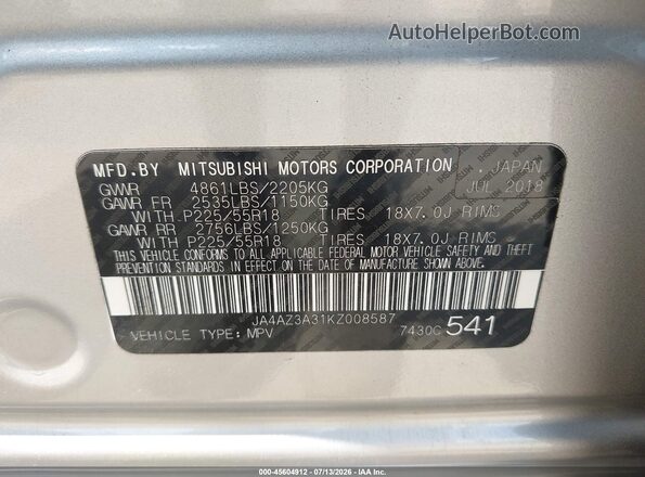JA4AZ3A31KZ008587 2019 MITSUBISHI OUTLANDER Silver ძრავის განყოფილების ხედი