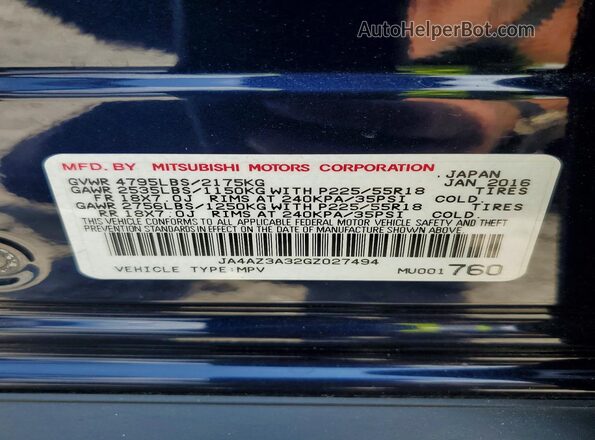 JA4AZ3A32GZ027494 2016 MITSUBISHI OUTLANDER Blue VIN sticker view