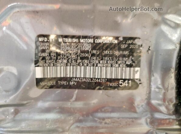 JA4AZ3A32LZ044287 2020 MITSUBISHI OUTLANDER Серебряный Вид наклейки с VIN-кодом
