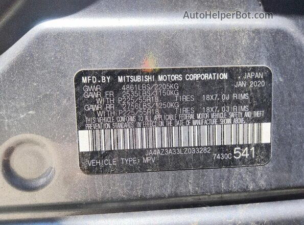 JA4AZ3A33LZ033282 2020 MITSUBISHI OUTLANDER Gray VIN sticker view