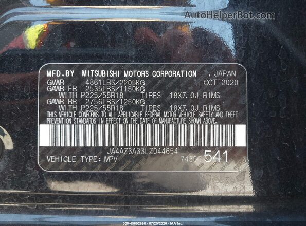 JA4AZ3A33LZ044654 2020 MITSUBISHI OUTLANDER Black Շարժիչի բաժամունքի տեսք