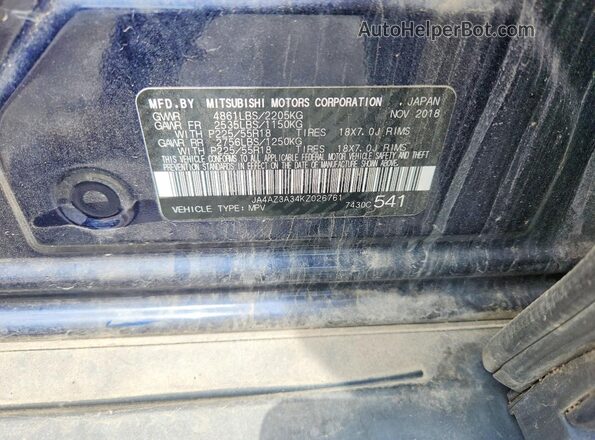 JA4AZ3A34KZ026761 2019 MITSUBISHI OUTLANDER Blue VIN sticker view